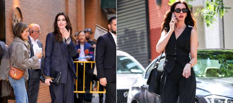 The secret to wearing trousers elegantly without being boring, like Anne Hathaway at age 44.