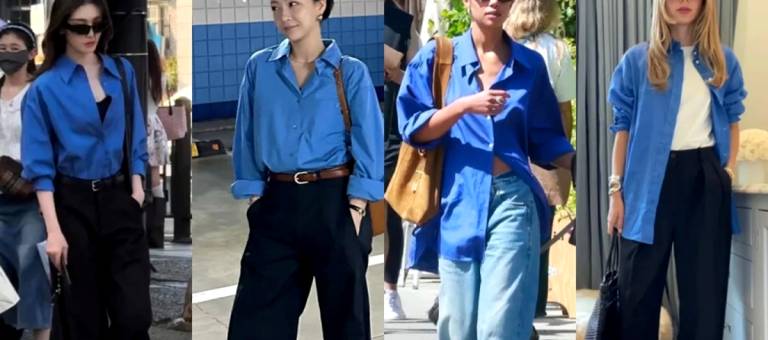 No need to try too hard: Just a light blue shirt and wide-leg pants are enough to create your own unique style.