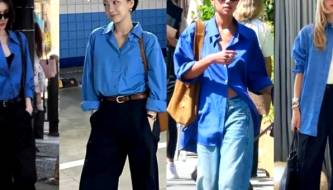 No need to try too hard: Just a light blue shirt and wide-leg pants are enough to create your own unique style.