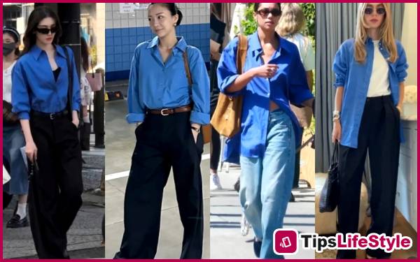 images 1 of No need to try too hard: Just a light blue shirt and wide-leg pants are enough to create your own unique style.