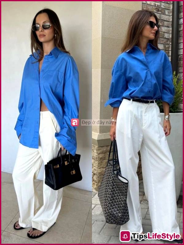 images 3 of No need to try too hard: Just a light blue shirt and wide-leg pants are enough to create your own unique style.