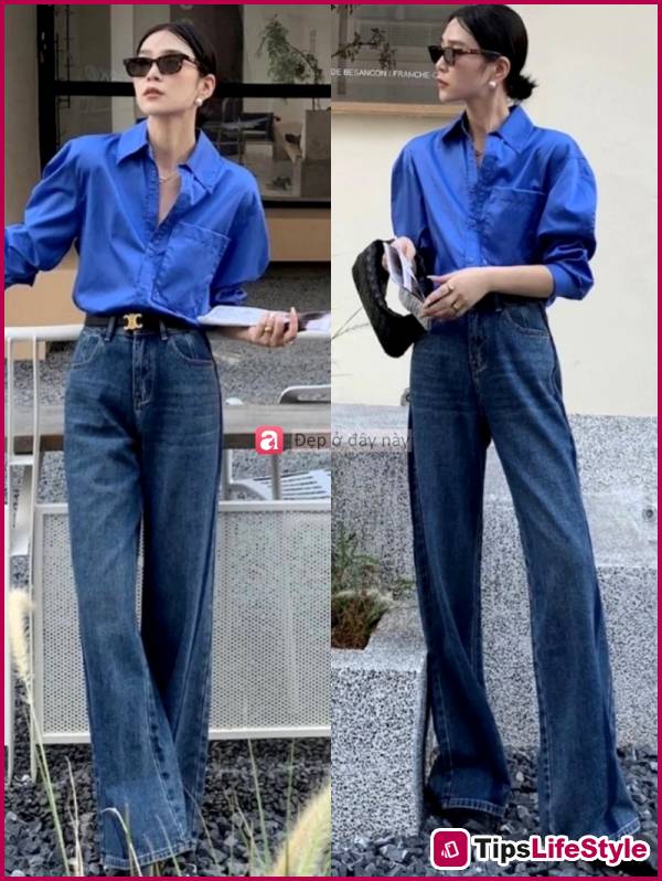 images 4 of No need to try too hard: Just a light blue shirt and wide-leg pants are enough to create your own unique style.