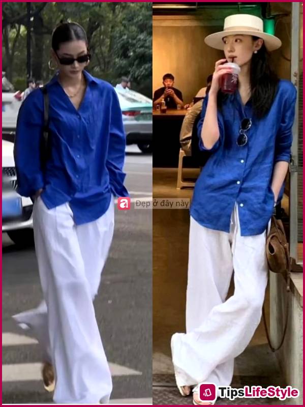 images 5 of No need to try too hard: Just a light blue shirt and wide-leg pants are enough to create your own unique style.