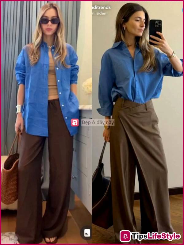 images 6 of No need to try too hard: Just a light blue shirt and wide-leg pants are enough to create your own unique style.