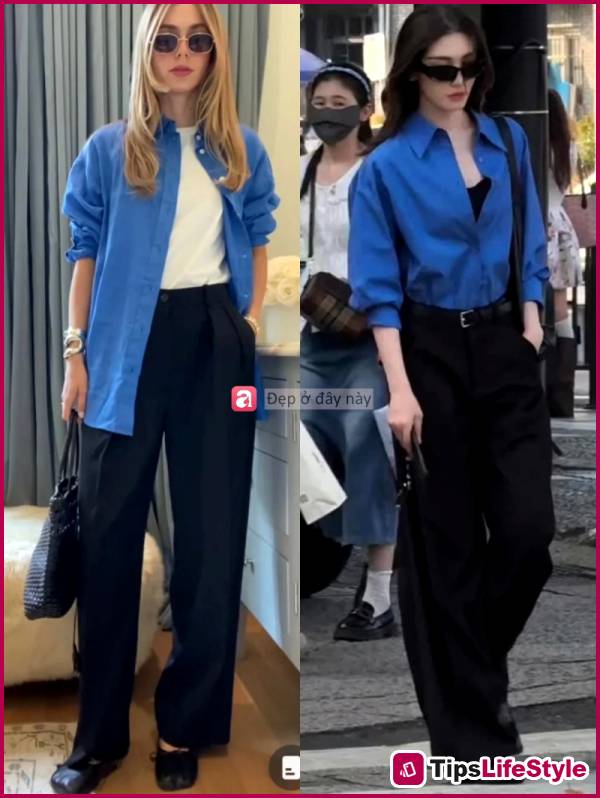 images 7 of No need to try too hard: Just a light blue shirt and wide-leg pants are enough to create your own unique style.