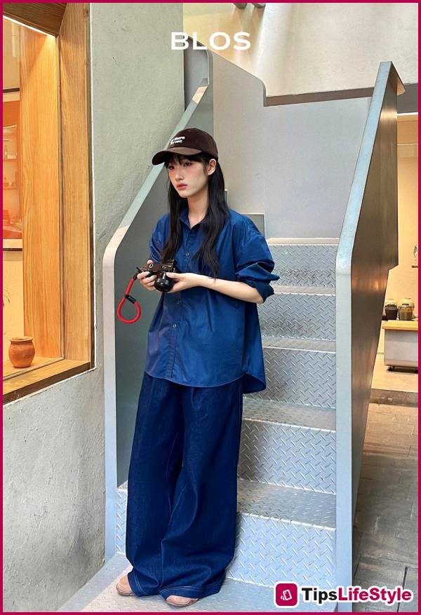 images 8 of No need to try too hard: Just a light blue shirt and wide-leg pants are enough to create your own unique style.