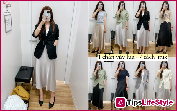 images 1 of 7 ways to style a silk skirt that are both elegant and flattering for the office.